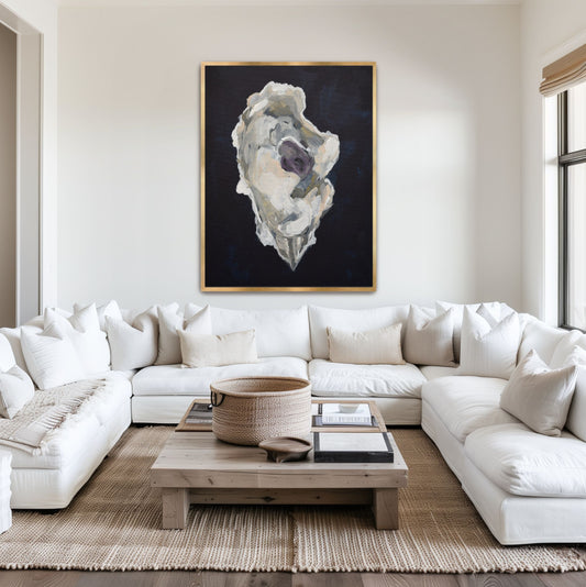 Sophisticated indigo oyster shell art 'Indigo Oyster 3' in a gold frame, styled in a modern coastal hallway to create a sense of South Carolina maritime heritage.