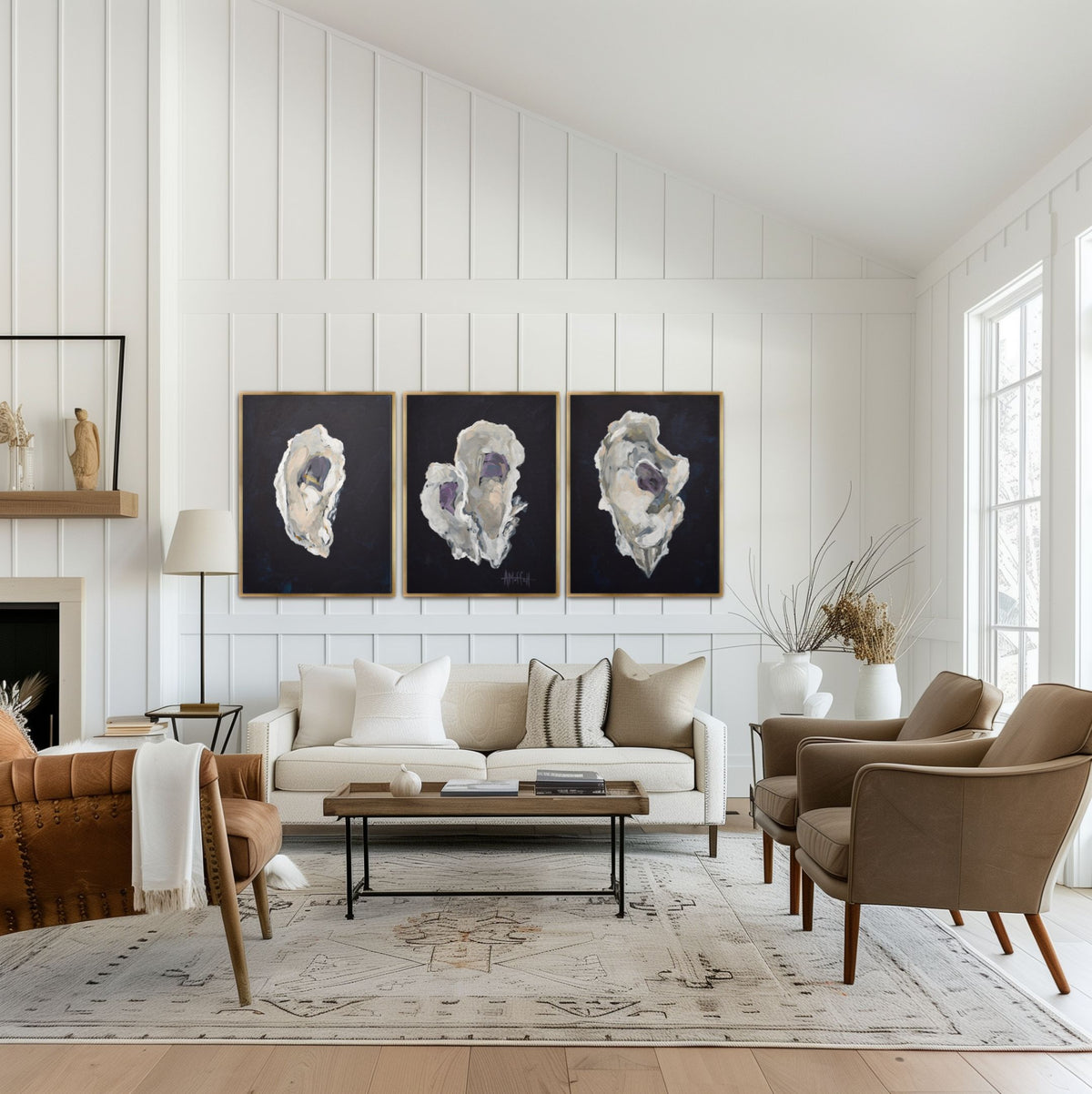 The third installment of the Indigo Tritych Oyster series by April Moffatt, styled in a designer gold frame. A vertical maritime study designed to complete a three-piece Lowcountry gallery wall.