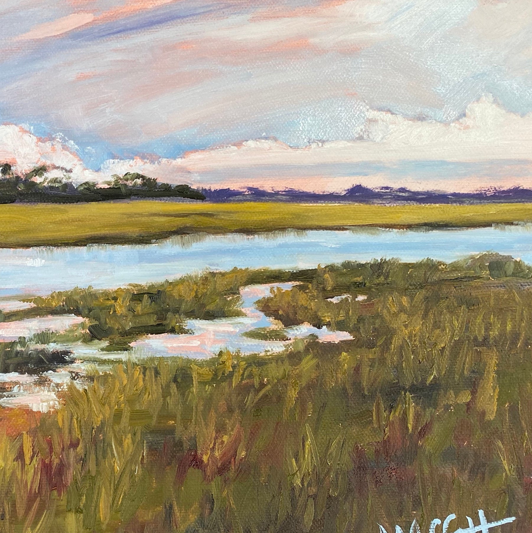 Detail of hand-embellished impasto texture on the 'Skull Creek' painting, featuring thick palette knife strokes in olive green and ocher that capture the evening light of the South Carolina coast."