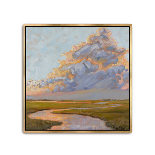 Framed painting of a landscape with a large thundercloud over a lowcountry marsh with a tidal river running through the marsh grass. The colors are melon orange, pink, and periwinkle blue above an olive green marsh.