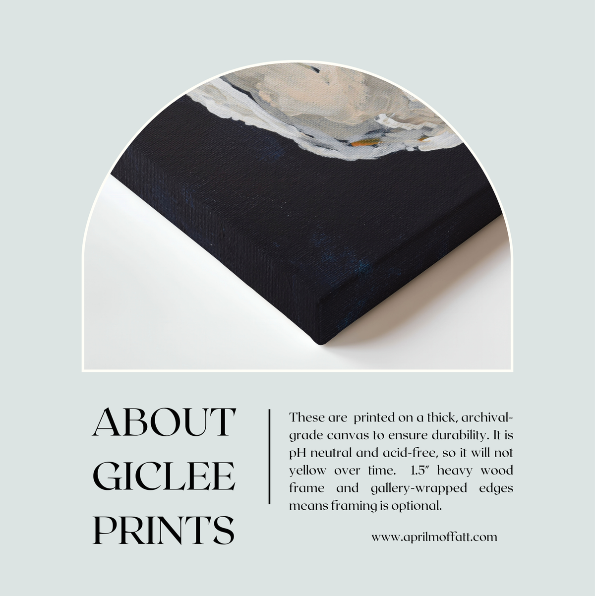 Giclee oyster print on canvas with text about giclee prints on a dark blue background