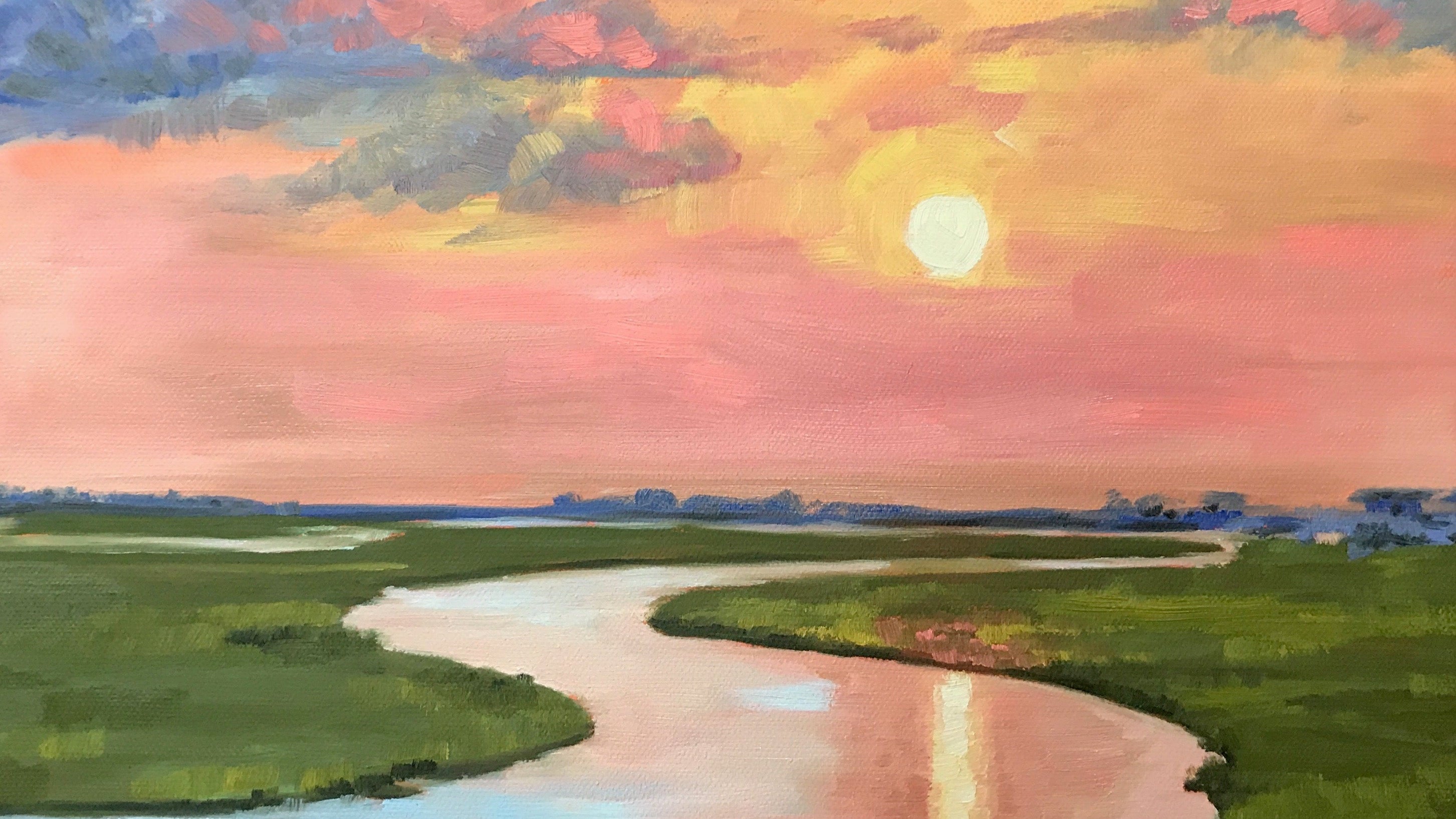 oil painting of lowcountry marsh during sunset in pastel colors