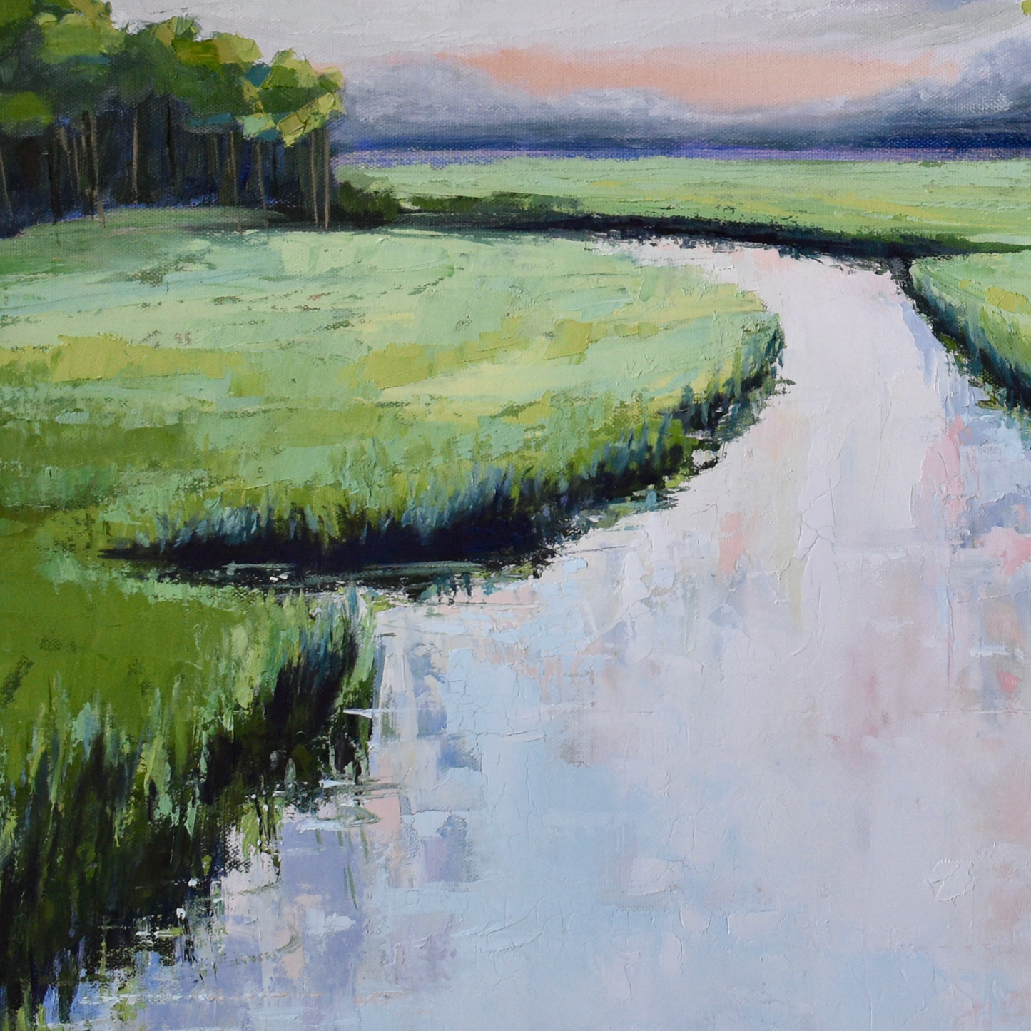 up close view of Periwinkle Refelction Lowcountry oil painting hand embellished