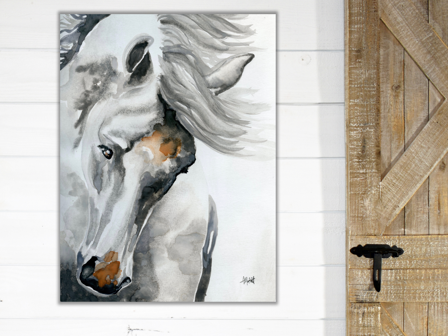 White Horse Tossing His Head – Giclée Canvas Print of Original Watercolor Horse Art